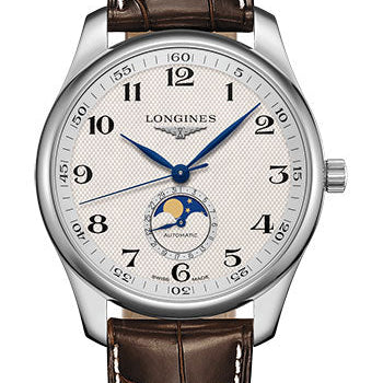 Longines Master Collection Moon Phase Watch - 42 mm Steel Case - Silver Barleycorn Arabic Dial - Brown Alligator Strap - L2.919.4.78.3