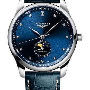 Longines Master Collection Moon Phase Automatic Watch - 42 mm Steel Case - Blue Diamond Dial - Blue Alligator Leather Strap - L2.919.4.97.0