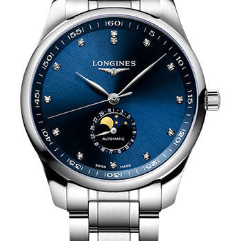 Longines Master Collection Moon Phase Automatic Watch - 42 mm Steel Case - Blue Diamond Dial - Bracelet - L2.919.4.97.6