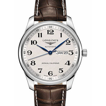 Longines Master Collection Annual Calendar Watch - 42 mm Steel Case - Silver Barleycorn Arabic Dial - Brown Alligator Strap - L2.920.4.78.3