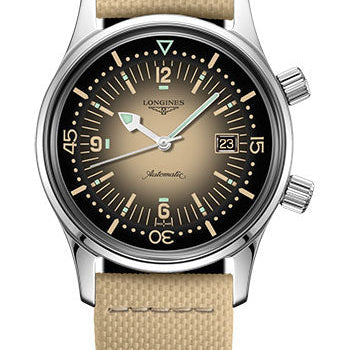 Longines Legend Diver Watch Automatic Watch - 36 mm Steel Case - Beige Arabic Dial - Beige Synthetic Strap - L3.374.4.30.2
