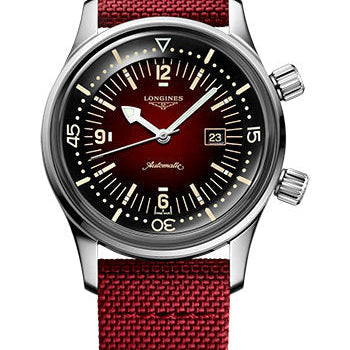 Longines Legend Diver Watch Automatic Watch - 36 mm Steel Case - Bordeaux Arabic Dial - Bordeaux Synthetic Strap - L3.374.4.40.2