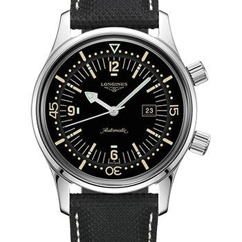 Longines Legend Diver Watch Watch - 36 mm Steel Case - Black Arabic Dial - Black Leather Strap - L3.374.4.50.0