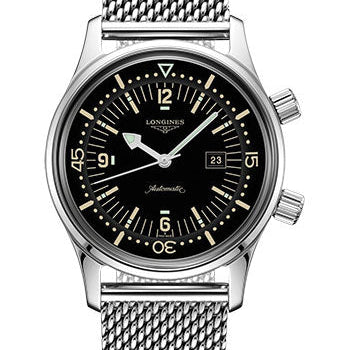 Longines Legend Diver Watch Watch - 36 mm Steel Case - Black Arabic Dial - Bracelet - L3.374.4.50.6