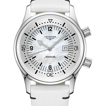 Longines Legend Diver Watch Watch - 36 mm Steel Case - White Mother-Of-Pearl Arabic Dial - White Leather Strap - L3.374.4.80.0