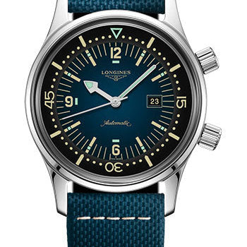 Longines Legend Diver Watch Automatic Watch - 36 mm Steel Case - Blue Arabic Dial - Blue Leather Strap - L3.374.4.90.2
