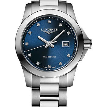Longines Conquest Quartz Watch - 29.5 mm Steel Case - Blue Diamond Dial - Bracelet - L3.376.4.97.6