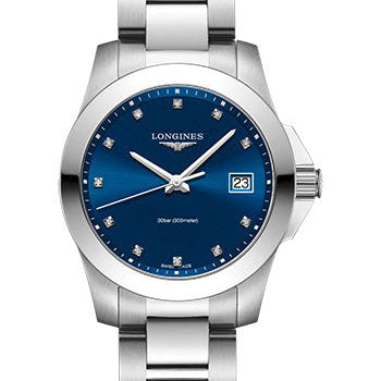 Longines Conquest Quartz Watch - 34 mm Steel Case - Blue Diamond Dial - Bracelet - L3.377.4.97.6