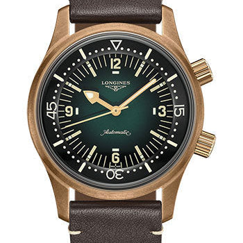 Longines Legend Diver Watch Watch - 42 mm Bronze and Titanium Case - Green Arabic Dial - Brown Leather Strap - L3.774.1.50.2