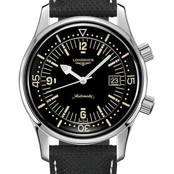Longines Legend Diver Watch Watch - 42 mm Steel Case - Black Arabic Dial - Black Leather Strap - L3.774.4.50.0