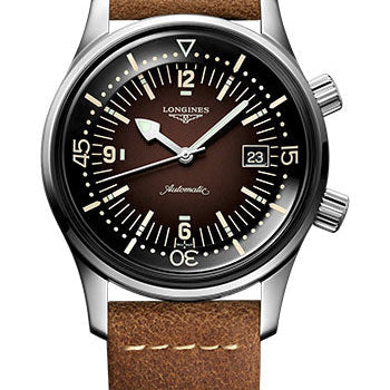 Longines Legend Diver Watch Automatic Watch - 42 mm Steel Case - Brown Arabic Dial - Brown Leather Strap - L3.774.4.60.2