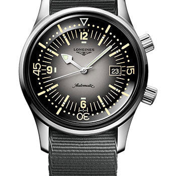 Longines Legend Diver Watch Automatic Watch - 42 mm Steel Case - Grey Arabic Dial - Grey Synthetic Strap - L3.774.4.70.2