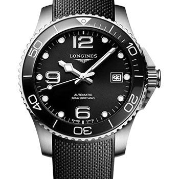 Longines HydroConquest Automatic Watch - 39 mm Steel And Ceramic Case - Black Arabic Dial - Black Rubber Strap - L3.780.4.56.9