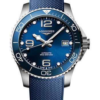Longines HydroConquest Automatic Watch - 39 mm Steel And Ceramic Case - Blue Arabic Dial - Blue Rubber Strap - L3.780.4.96.9