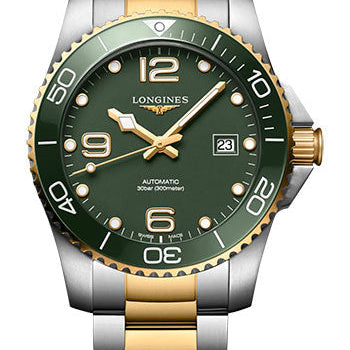 Longines HydroConquest Automatic Watch - 41 mm Steel And Ceramic Case - Green Arabic Dial - Steel And Yellow PVD Bracelet - L3.781.3.06.7