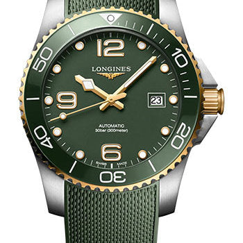 Longines HydroConquest Automatic Watch - 41 mm Steel And Ceramic Case - Green Arabic Dial - Green Rubber Strap - L3.781.3.06.9