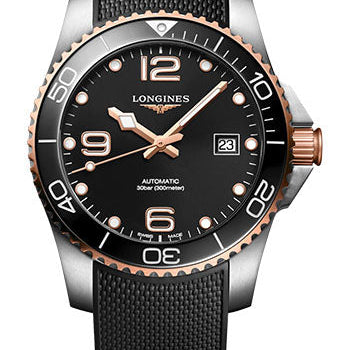 Longines HydroConquest Automatic Watch - 41 mm Steel And Ceramic Case - Black Arabic Dial - Black Rubber Strap - L3.781.3.58.9