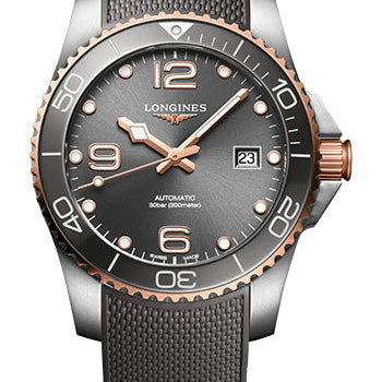 Longines HydroConquest Automatic Watch - 41 mm Steel And Ceramic Case - Grey Arabic Dial - Grey Rubber Strap - L3.781.3.78.9