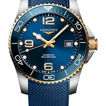 Longines HydroConquest Automatic Watch - 41 mm Steel And Ceramic Case - Blue Arabic Dial - Blue Rubber Strap - L3.781.3.96.9