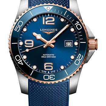 Longines HydroConquest Automatic Watch - 41 mm Steel And Ceramic Case - Blue Arabic Dial - Blue Rubber Strap - L3.781.3.98.9