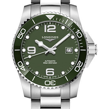 Longines HydroConquest Automatic Watch - 41 mm Steel And Ceramic Case - Green Arabic Dial - Steel Bracelet - L3.781.4.06.6