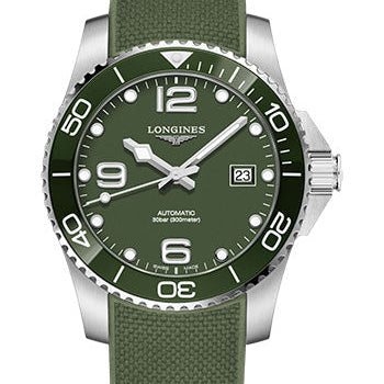 Longines HydroConquest Automatic Watch - 41 mm Steel And Ceramic Case - Green Arabic Dial - Rubber Strap - L3.781.4.06.9