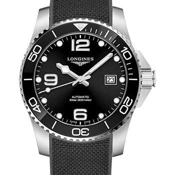 Longines HydroConquest Automatic Watch - 41 mm Steel And Ceramic Case - Black Arabic Dial - Rubber Strap - L3.781.4.56.9