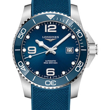 Longines HydroConquest Automatic Watch - 41 mm Steel And Ceramic Case - Blue Arabic Dial - Rubber Strap - L3.781.4.96.9