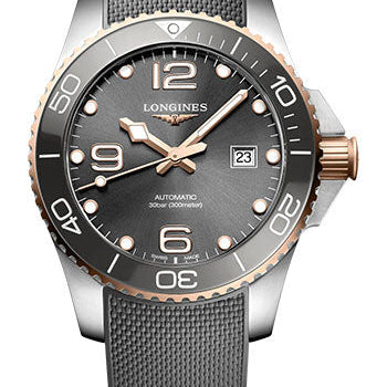 Longines HydroConquest Automatic Watch - 43 mm Steel And Ceramic Case - Grey Arabic Dial - Grey Rubber Strap - L3.782.3.78.9