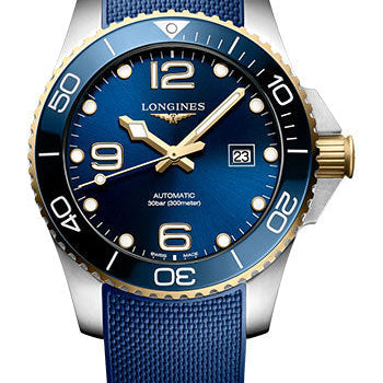 Longines HydroConquest Automatic Watch - 43 mm Steel And Ceramic Case - Blue Arabic Dial - Blue Rubber Strap - L3.782.3.96.9