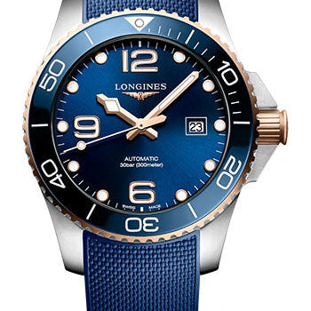 Longines HydroConquest Automatic Watch - 43 mm Steel And Ceramic Case - Blue Arabic Dial - Blue Rubber Strap - L3.782.3.98.9