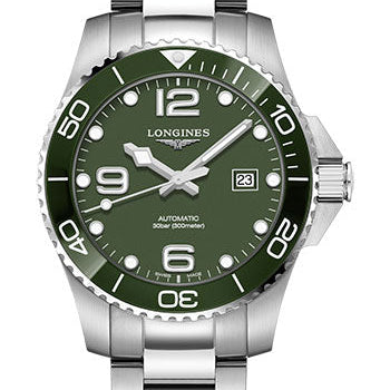 Longines HydroConquest Automatic Watch - 43 mm Steel And Ceramic Case - Green Arabic Dial - Steel Bracelet - L3.782.4.06.6