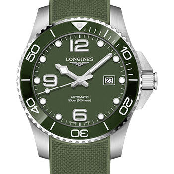 Longines HydroConquest Automatic Watch - 43 mm Steel And Ceramic Case - Green Arabic Dial - Rubber Strap - L3.782.4.06.9