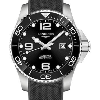 Longines HydroConquest Automatic Watch - 43 mm Steel And Ceramic Case - Black Arabic Dial - Rubber Strap - L3.782.4.56.9