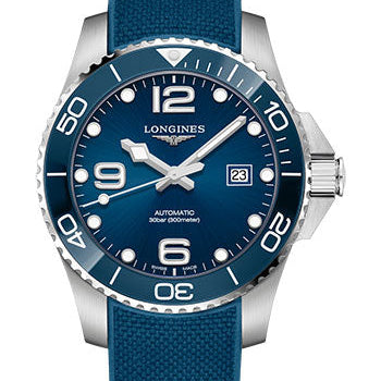 Longines HydroConquest Automatic Watch - 43 mm Steel And Ceramic Case - Blue Arabic Dial - Rubber Strap - L3.782.4.96.9