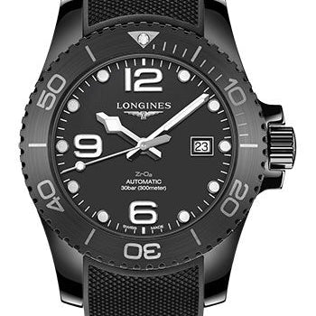 Longines HydroConquest Automatic Watch - 43 mm Black Ceramic Case - Black Ceramic Arabic Dial - Rubber Strap - L3.784.4.56.9