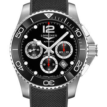 Longines HydroConquest Chronograph Automatic Watch - 43 mm Steel And Ceramic Case - Black Arabic Dial - Rubber Strap - L3.883.4.56.9