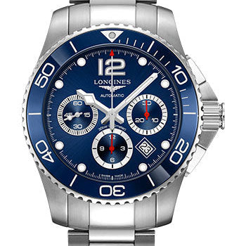 Longines HydroConquest Chronograph Automatic Watch - 43 mm Steel And Ceramic Case - Blue Arabic Dial - Steel Bracelet - L3.883.4.96.6