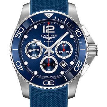 Longines HydroConquest Chronograph Automatic Watch - 43 mm Steel And Ceramic Case - Blue Arabic Dial - Rubber Strap - L3.883.4.96.9