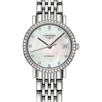 Longines Elegant Collection Automatic Watch - 25.5 mm Steel Diamond Case - White Mother-Of-Pearl Diamond Dial - Bracelet - L4.309.0.87.6