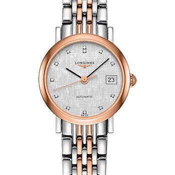 Longines Elegant Collection Watch - 25.5 mm Steel And 18K Pink Gold Cap 200 Case - Striped Silver Diamond Dial - Bracelet - L4.309.5.77.7
