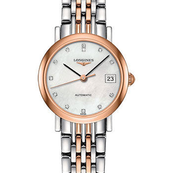 Longines Elegant Collection Watch - 25.5 mm Steel And 18K Pink Gold Cap 200 Case - White Mother-Of-Pearl Diamond Dial - Bracelet - L4.309.5.87.7