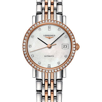 Longines Elegant Collection Watch - 25.5 mm Steel And 18K Pink Gold Diamond Case - White Mother-Of-Pearl Diamond Dial - Steel And 18K Pink Gold Cap 200 Bracelet - L4.309.5.88.7