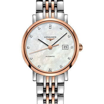 Longines Elegant Collection Watch - 29 mm Steel And 18K Pink Gold Cap 200 Case - White Mother-Of-Pearl Diamond Dial - Bracelet - L4.310.5.87.7