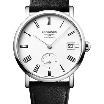 Longines Elegant Collection Small Seconds Automatic Watch - 34.5 mm Steel Case - White Roman Dial - Black Strap - Vegetable Material Bracelet - L4.312.4.11.0