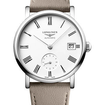 Longines Elegant Collection Small Seconds Automatic Watch - 34.5 mm Steel Case - White Roman Dial - Beige Strap - Vegetable Material Bracelet - L4.312.4.11.2