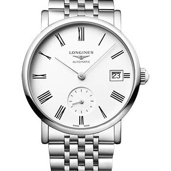 Longines Elegant Collection Small Seconds Automatic Watch - 34.5 mm Steel Case - White Roman Dial - Bracelet - L4.312.4.11.6