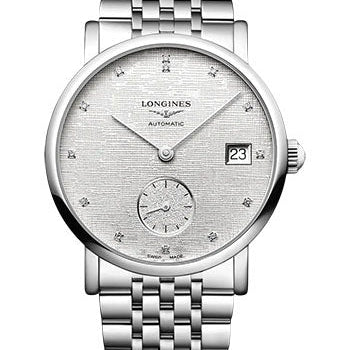 Longines Elegant Collection Small Seconds Automatic Watch - 34.5 mm Steel Case - Striped Silver Diamond Dial - Bracelet - L4.312.4.77.6
