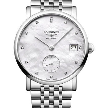 Longines Elegant Collection Small Seconds Automatic Watch - 34.5 mm Steel Case - White Mother-Of-Pearl Diamond Dial - Bracelet - L4.312.4.87.6