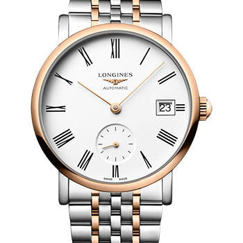 Longines Elegant Collection Small Seconds Automatic Watch - 34.5 mm Steel And Pink Gold Case - White Roman Dial - Steel And Pink Gold Cap 200 Bracelet - L4.312.5.11.7